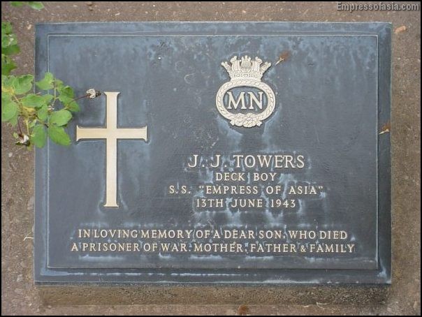 The grave of James Joseph Towers at Kanchanaburi War Cemetery in Thailand photo courtesy of Billy McGee.